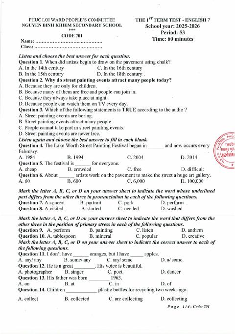 Đề thi Học kì 1 Tiếng Anh 7 năm 2025-2026 trường THCS Nguyễn Bỉnh Khiêm (Hà Nội)